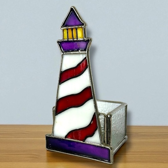 Stained Glass Lighthouse Candle Holder Glass Art Decor Purple Red Yellow 6” - Picture 16 of 16